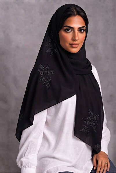 Veil Designer طرحه بوال اسود بتطريز اسود قماش ياباني طبقتين بتطريز علي كامل ا...
