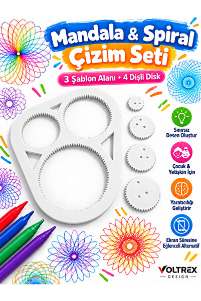 voltrex design Spirograf Mandala & Spiral Çizim Seti – 3 Şablon Alanlı 4 Dişl...