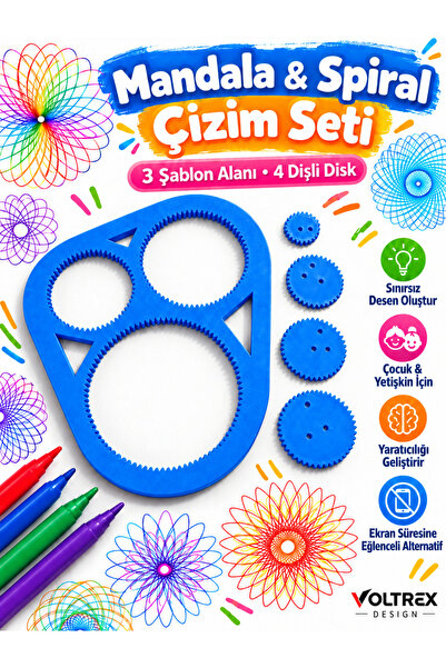 voltrex design Spirograf Mandala & Spiral Çizim Seti – 3 Şablon Alanlı 4 Dişl...