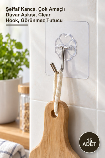 Yenilig 15 Pieces of Self-Adhesive Transparent Hangers – Transparent Hook, Mu...