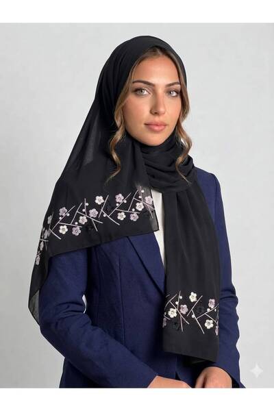 Veil Designer Black Rose and Mulberry Branches Japanese Fabric Embroidery Sha...