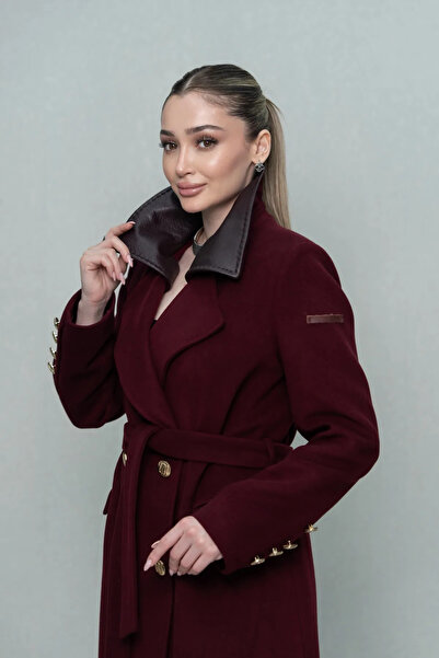 Eccim Fashion Deri Yaka Detaylı Düğmeli Kuşaklı Maxi Boy Kadın Kaban