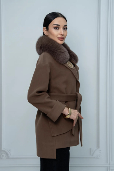 Eccim Fashion Kürk Yakalı Broşlu Kemerli Kısa Kadın Palto Kaban