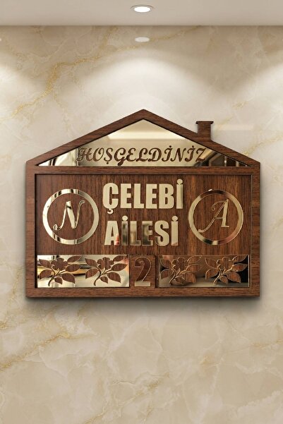 Kişiye Özel Çiçek Desenli Kapı İsimliği 25x20 cm Ahşap Mdf&Altın Pleksi