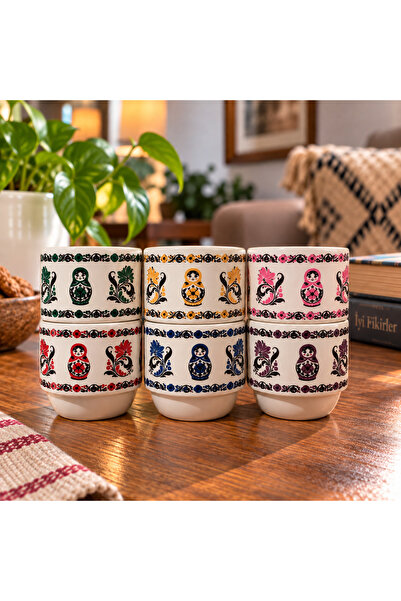 Mergen Craft&Studio Matruşka Desenli 6'lı Kahve Fincanı Seti | Renkli Çiçek D...