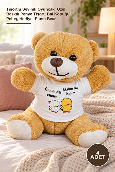 Yenilig 4 Plush Teddy Bears – Cute Toy with T-Shirt, Custom Printed Combed Co...