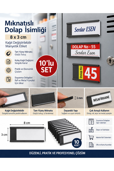 Genel Markalar 8x3 cm Tamamen Mıknatıslı Kanallı Dolap İsimliği (10'lu Set) -...