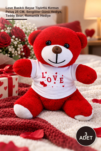 Yenilig 3 Plush Teddy Bears – Red Plush with Love Printed on White T-Shirt 25...