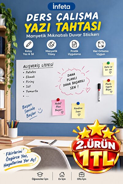 İnfeta Beyaz Manyetik Mıknatıslı Yazı Tahtası Duvar Stickerı Ders Çalışma ve ...