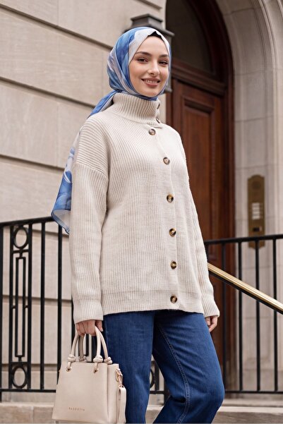 Modamorfo Half-High Collar, Buttoned Front, Casual Knitwear Cardigan - Stone ...