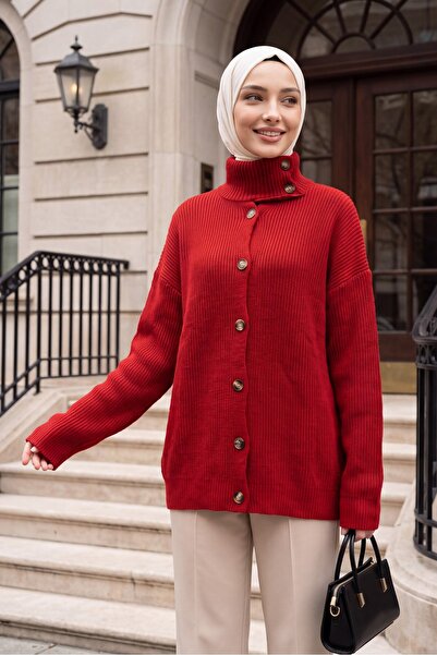 Modamorfo Half-High Collar, Buttoned Front, Casual Knitwear Cardigan - Red