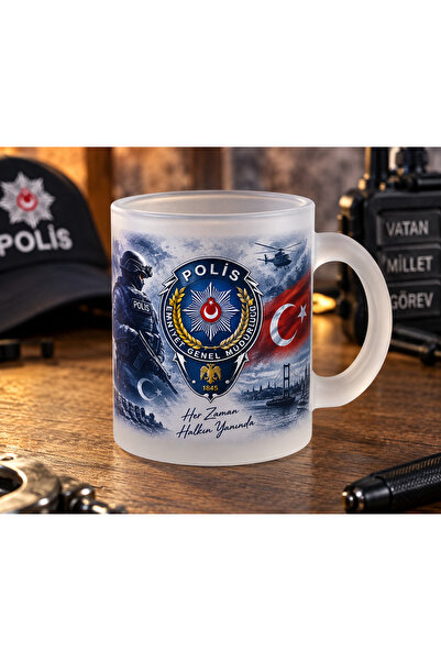 Tuba Polis Logo Baskılı Buzlu Cam Kupa Bardak Hediyelik İsimli Kişiye Özel