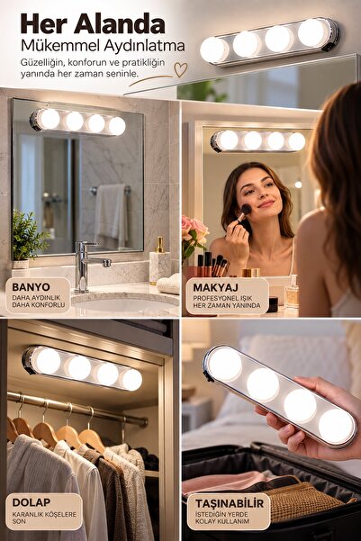 İnfeta 4 LED Ampullü Pilli Vantuzlu Kablosuz Makyaj Aynası Işığı Taşınabilir ...