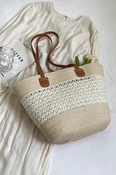 PriStyle Γυναικεία Τσάντα Παραλίας, Τύπου Shopper, με Πλεκτό Σχέδιο και Καφέ ...