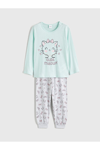 LC Waikiki Jersey Girls Pajama Set with Cat Print
