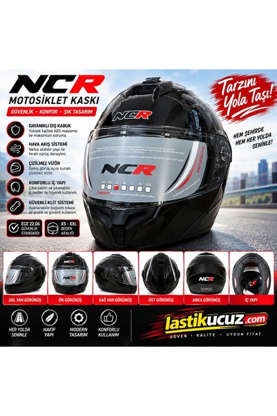 NCR -166E ÇENE AÇILIR GÖZLÜKLÜ ECE 22-06 BELGELİ KASK PARLAK SİYAH