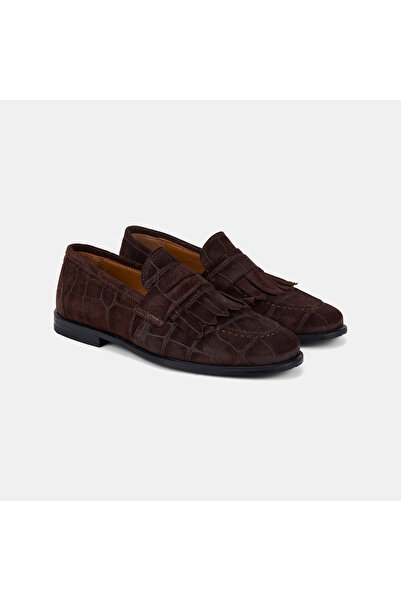 Desa Women's Brown Tassel Detailed Crocodile Printed Suede Loafer