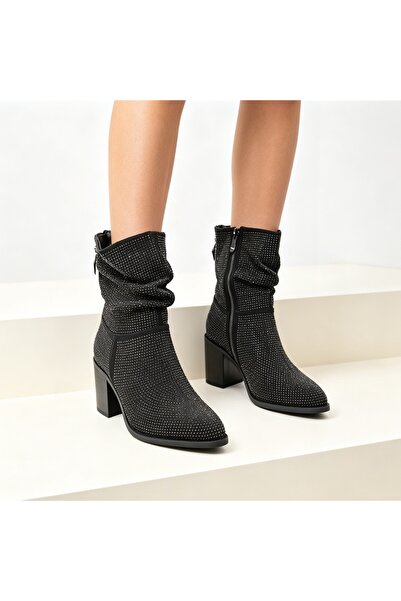 Tmall Botine de damă cu strasuri și toc gros, BD1021, Negru