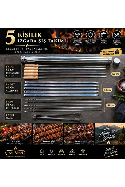 Asil İnci 5 Kişilik Paslanmaz Mangal Şiş Seti – Et, Adana ve Ciğer Şişi + Maş...