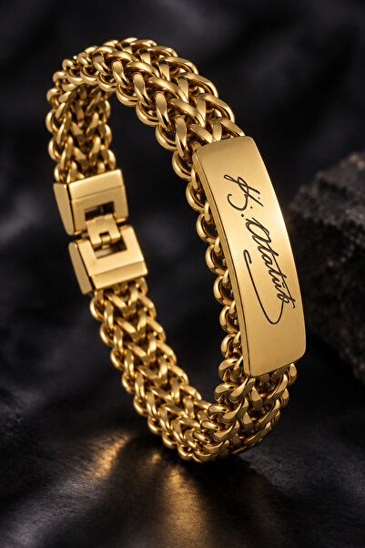 OSMANLI GÜMÜŞ Men's Steel Bracelet Gold Color Double Row Braided Kemal Atatür...