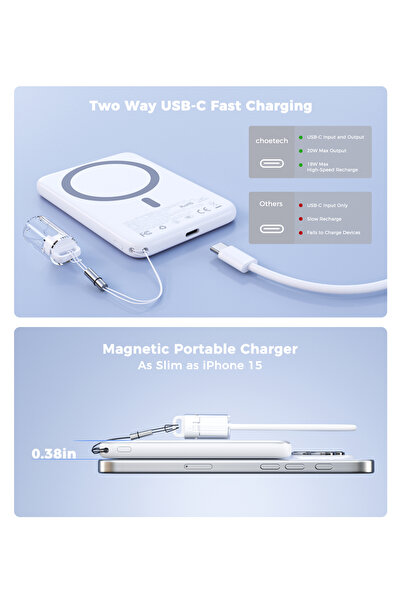 CHOETECH Ultra-Thin Magnetic Power Bank 5000mAh, MagSafe-Compatible Wireless Charger for iPhone, White B861