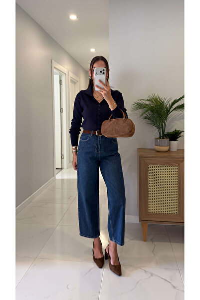 BİRCANÇİL Joset Navy Blue Belted Mom Jean