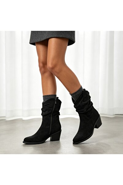 Tmall Botine de damă cu aspect de piele întoarsă și toc gros, BD1023, Negru
