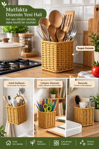 İnfeta Kare Hasır Dokulu Plastik Rattan Kaşıklık Çatallık Askılı Çok Amaçlı O...