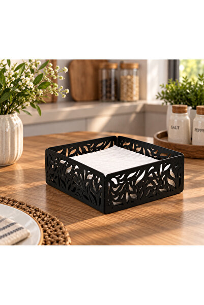 AWT Store Yaprak Desenli Metal Peçetelik – Siyah Dekoratif Masaüstü Peçete Ku...
