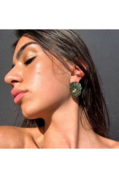 Lunarie Green Stone Sea Shell Fan-Shaped Stud Earrings Bijouterie Flashy Anti...