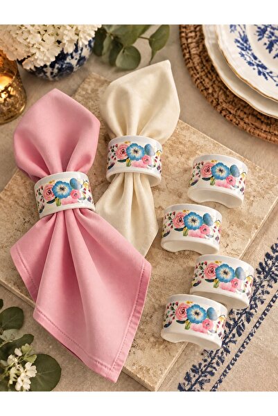 CASA DE BELLA Set of 6 Floral Patterned Porcelain Napkin Rings - Napkin Ring 5cm