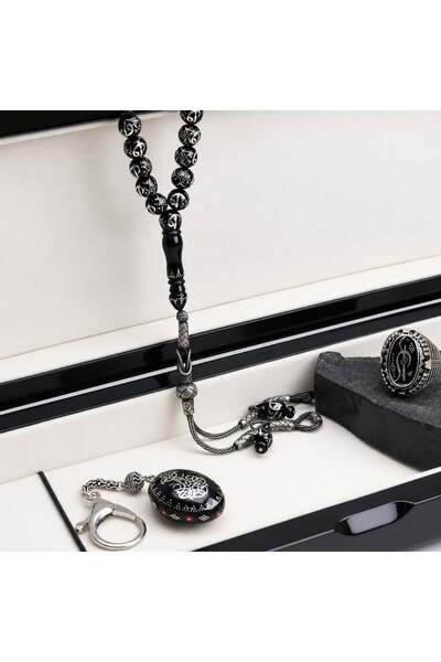 BlackCraft Elif-Vav Embroidered Oltu Stone Prayer Beads Set