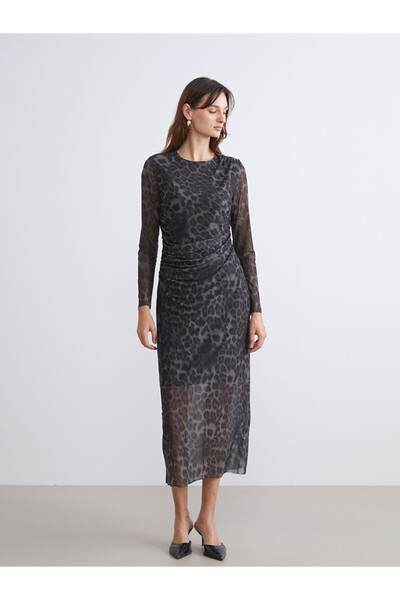 LC Waikiki Crew Neck Leopard Print Ruching Dress