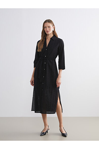 LC Waikiki Openwork Knit Sash Embroidered Shirt Dress