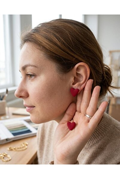 Lunarie Red Heart Enamel Studded Earrings Bijouterie Flashy Anti-Allergic Wom...