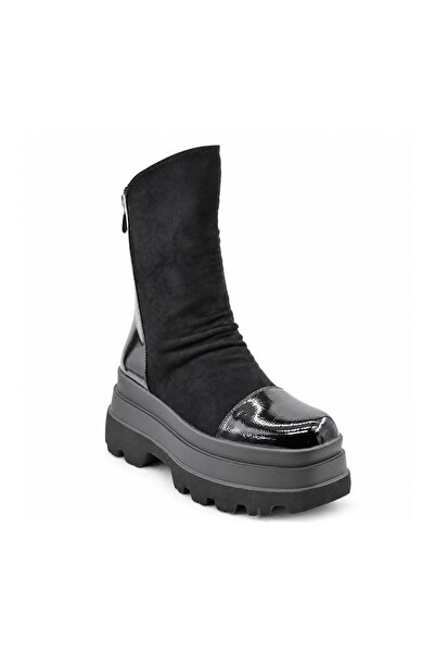 Tmall Cizme de damă, din imitație de piele lăcuită, cu căptușeală din blană de oaie, GD1130, Negru