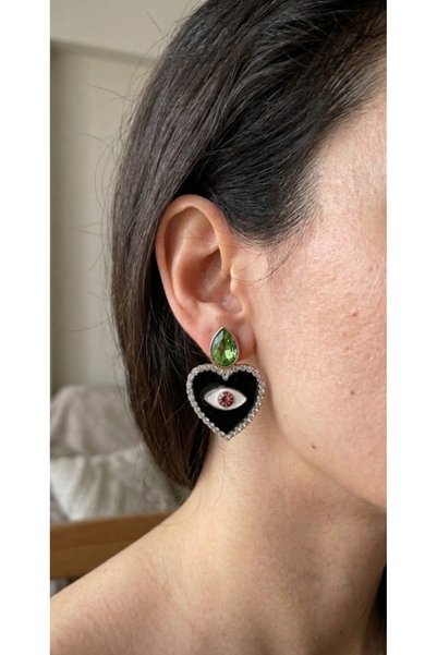 Lunarie Xuping Black Heart Evil Eye Green Drop Asymmetric Dangle Earrings - G...