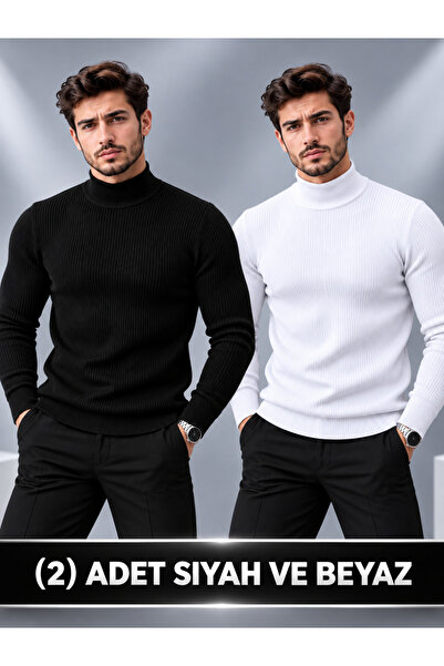 cto your style Beyaz ve Siyah [2 adet] Slim Fit ince fitilli Yarım Balıkçı Ya...