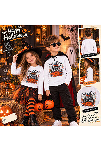 Kız Çocuk -Erkek Çocuk Happy Hallowen uzun kollu tişört-Cadılar Bayramı Baskılı tişört