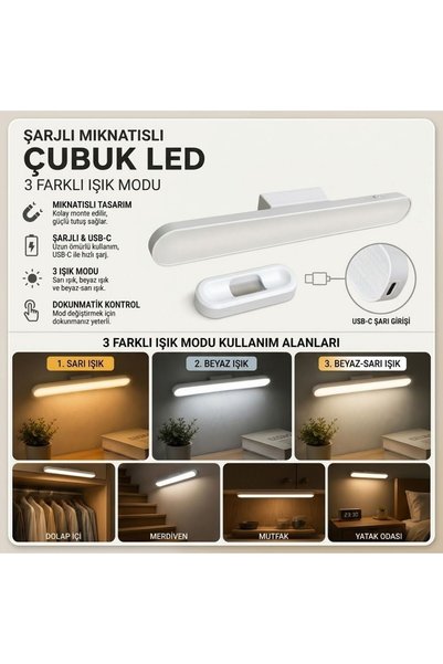 Findit Şarjlı Manyetik LED Çubuk Lamba, Dokunmatik, 3 Modlu, Kablosuz Mutfak ...
