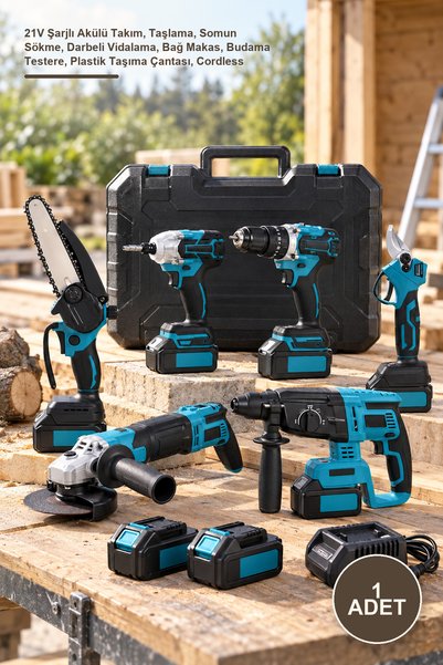 Yenilig 1 Adet Usta Elektrikli Alet Seti – 21V Şarjlı Akülü Takım, Taşlama, Somun Sökme, Darbeli Vidalama, Bağ Makas, Budama Testere, Plastik Taşıma Çantası, Cordless