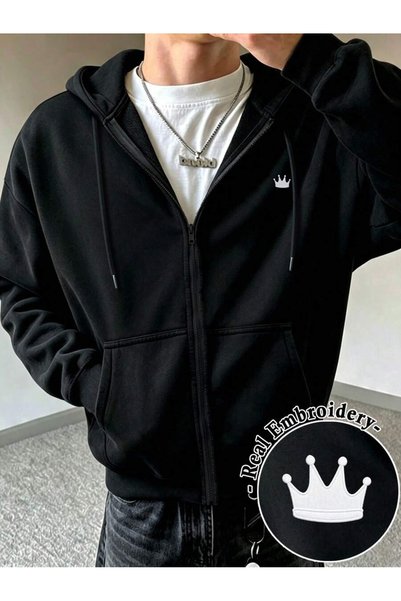 MITHRAS OUTDOORS Unisex Siyah Minimal Kral Tacı Baskılı Fermuarlı Sweatshirt ...