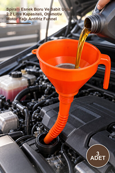 Yenilig 3 Adet Çelik Süzgeçli Huni – Spiralli Esnek Boru Ve Sabit Uçlu, 2.2 Litre Kapasiteli, Otomotiv Motor Yağı Antifriz Funnel