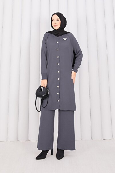 EBRUTESETTÜR Butterfly Brooch Buttoned Knitwear Suit Gray