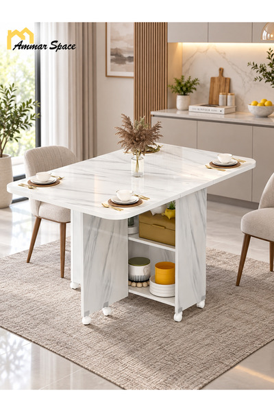 Ammar Space Folding Dining Table with Storage Shelves and Wheels, Space Savin...