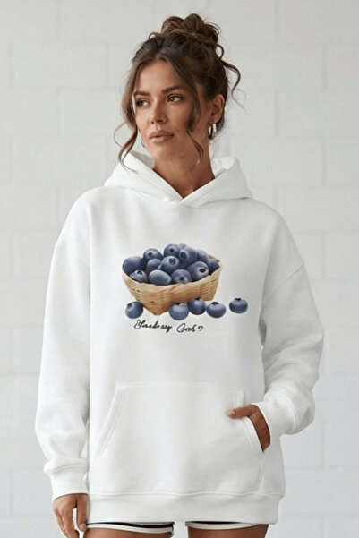 K KOZZ STYLE Ženska oversize majica sa kapuljačom BLUEBERRY sa printom, bela ...