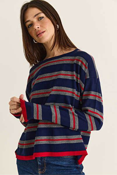 Bianco Lucci Women's Navy Blue-Red Crew Neck Striped Oversize Slim Knitwear B...