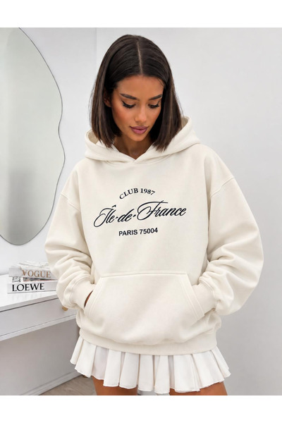 HAI COLLECTİON Kadın 3 İplik Yazı Baskılı Oversize Hoodie – Kapüşonlu Kanguru...