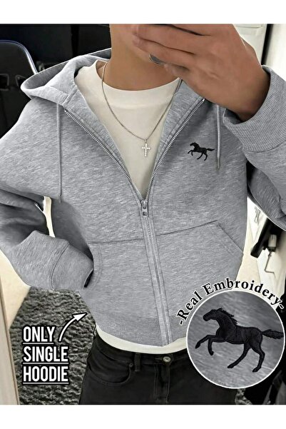 MITHRAS OUTDOORS Unisex Gri Minimal At Baskılı Fermuarlı Sweatshirt Baskılı P...