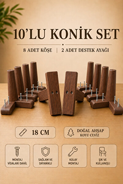 LEGORA WOOD DESIGN 18 Cm Koyu Ceviz Konik Ahşap Mobilya Ayakları 10'lu Set Kö...